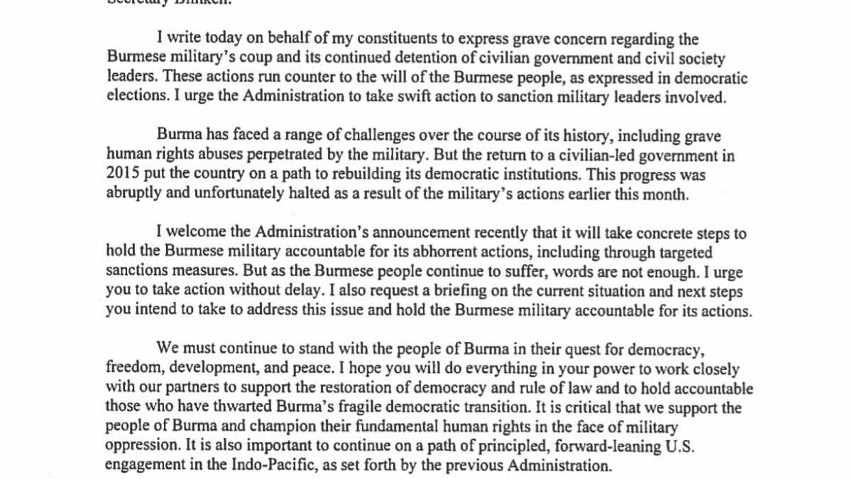 Congresswoman Tenney letter to Secretary Blinken